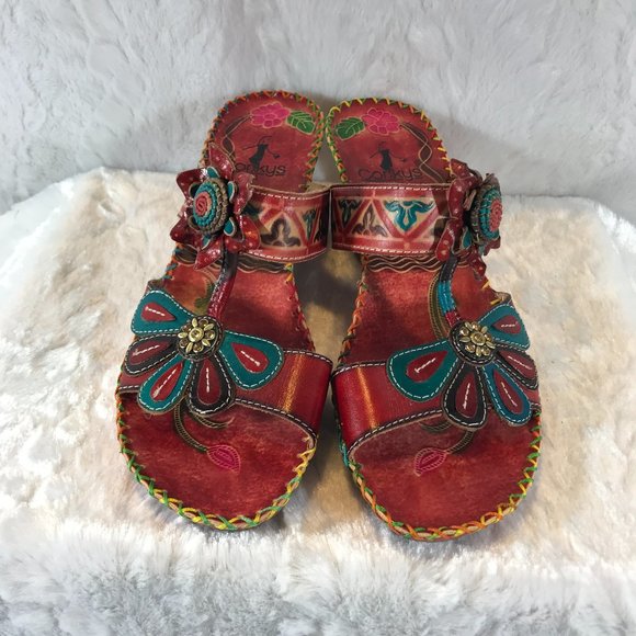 Corkys Shoes - Corkys Jamaica Slip on Wedge Heel Sandals Red Art